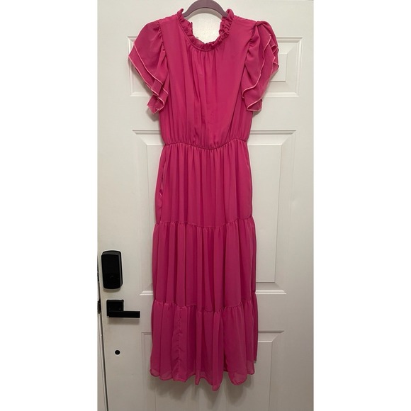 Haptics Dresses & Skirts - Haptics By Holly Harper Women M Pink Tiered Maxi Dress Flutter Sleeve Boho Chic